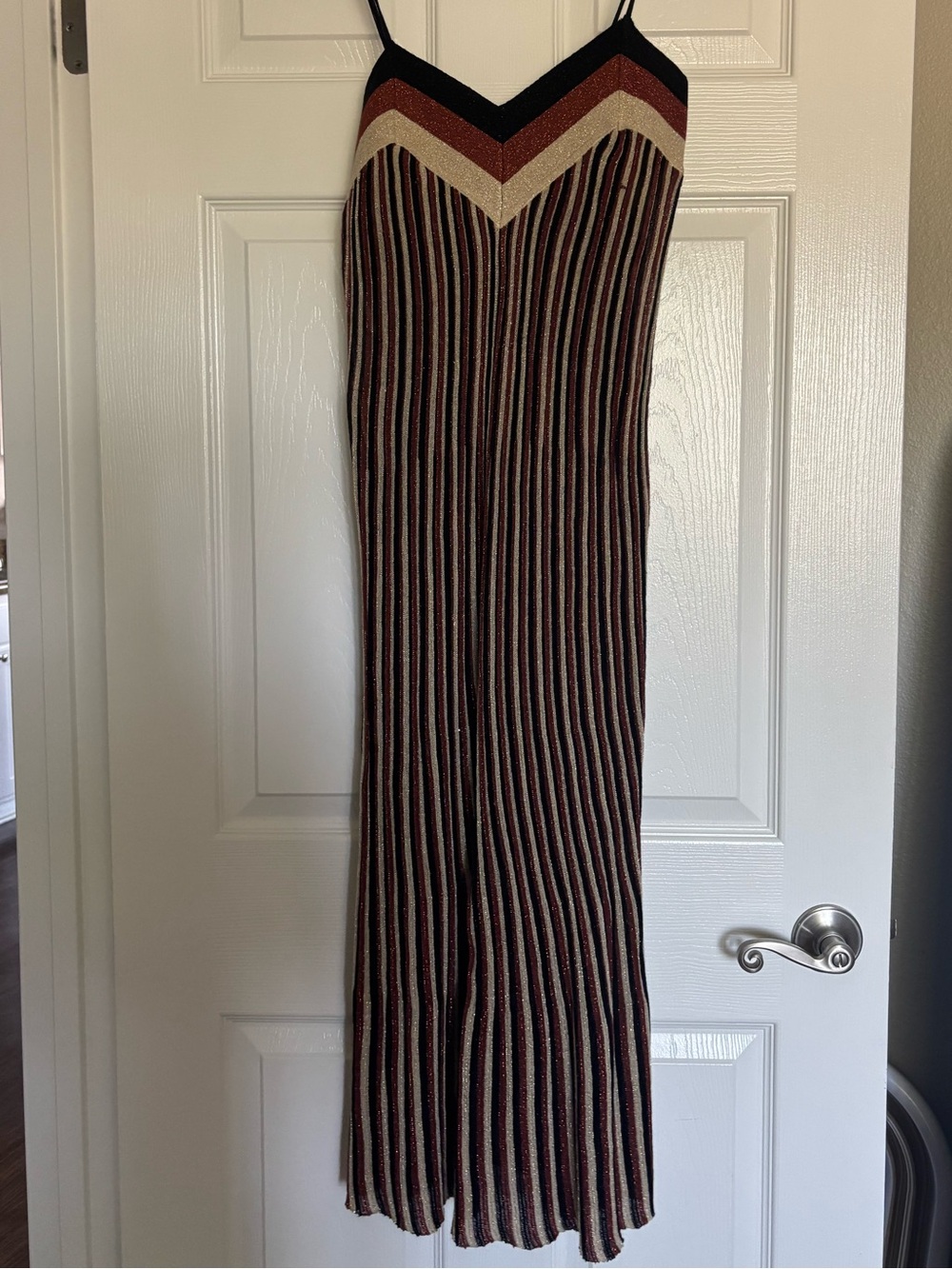 Mango Striped Knit Spaghetti-Strap Jumpsuit in Burgundy, Black and Cream